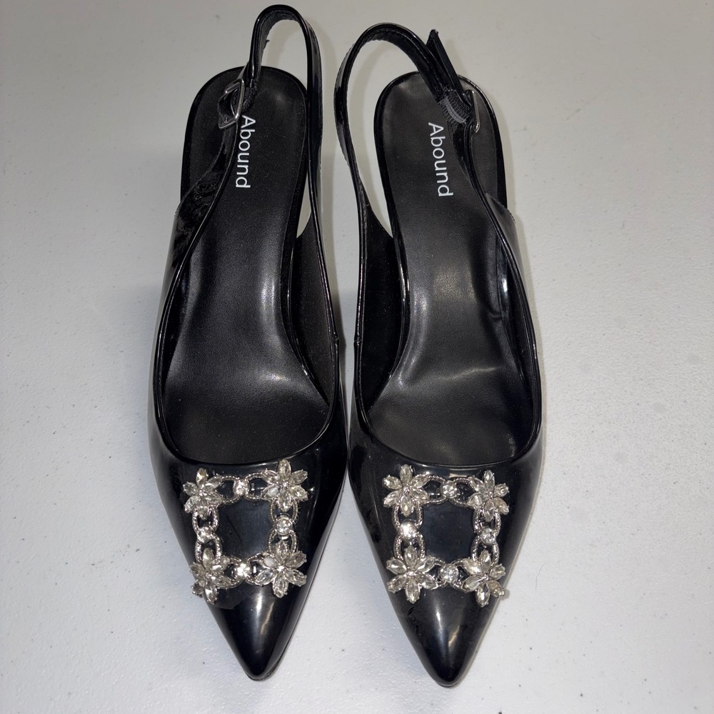 Abound ABRUBBY-PU Black Patent Crystal Buckle Slingback Pointed Toe Pumps 9M